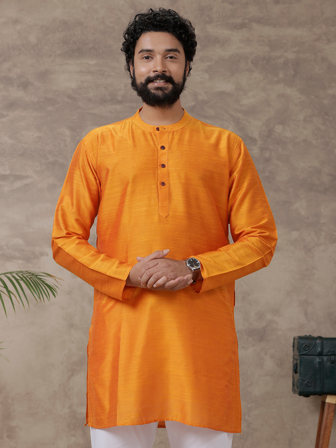 Men Medium Length Pocket Kurta Orange Y11