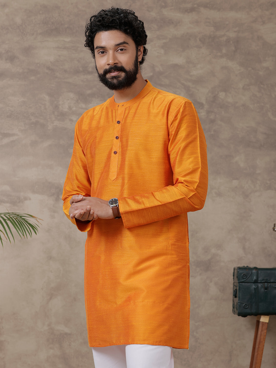 Mens Medium Length Pocket Kurta Orange Y11