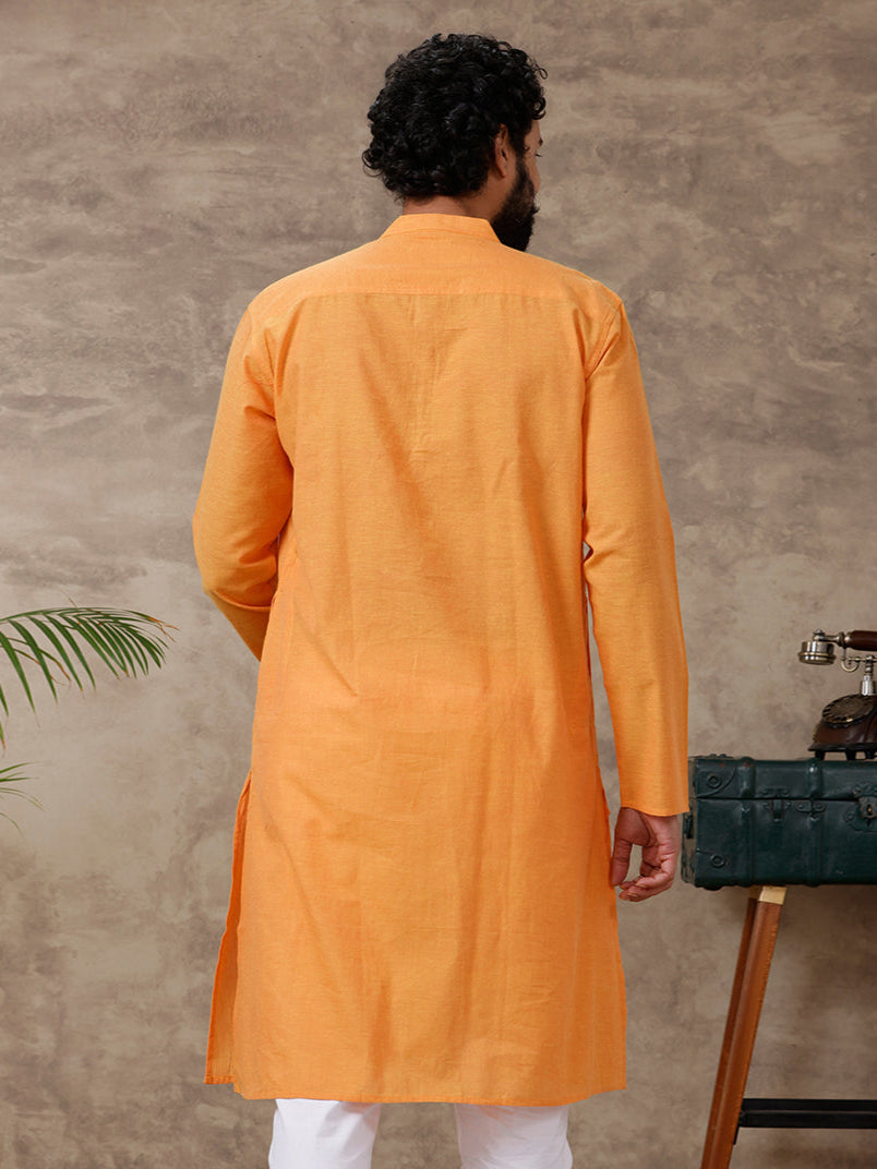 Men Cotton Full Length Plain Pocket Kurta Orange Y13
