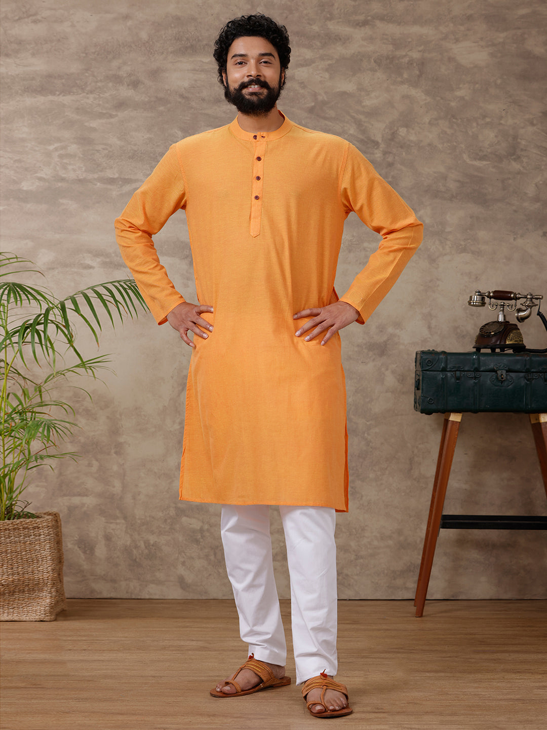 Men Full Length Pocket Kurta Orange Y13