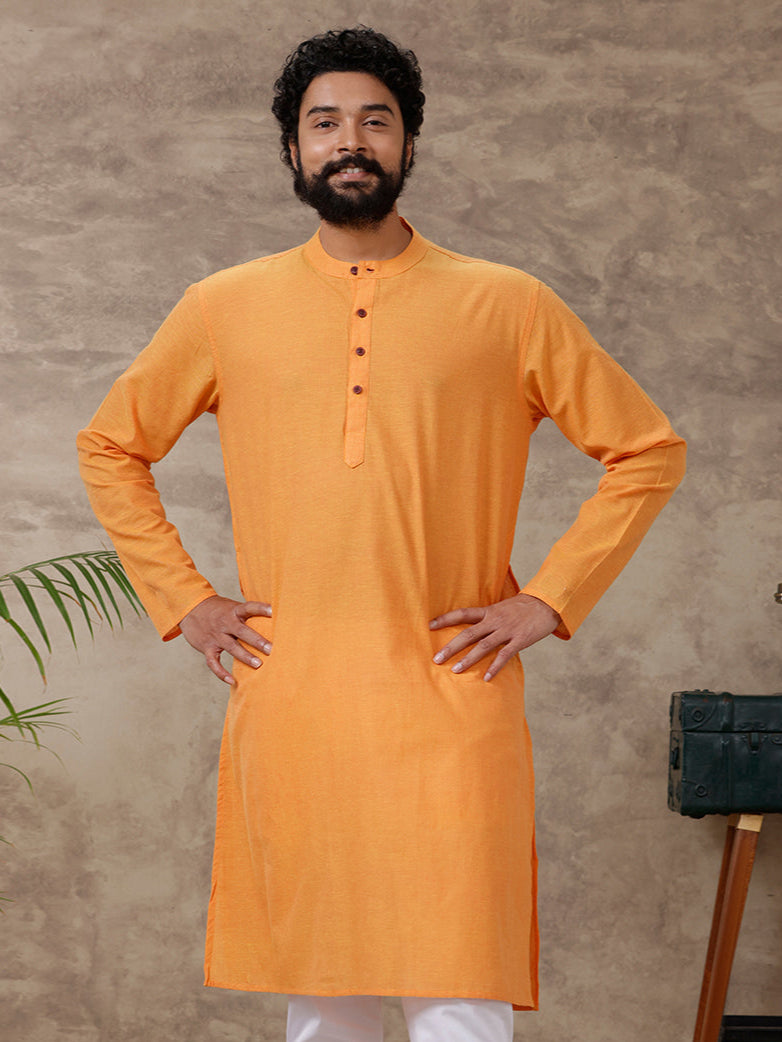 Men Cotton Full Length Plain Pocket Kurta Orange Y13