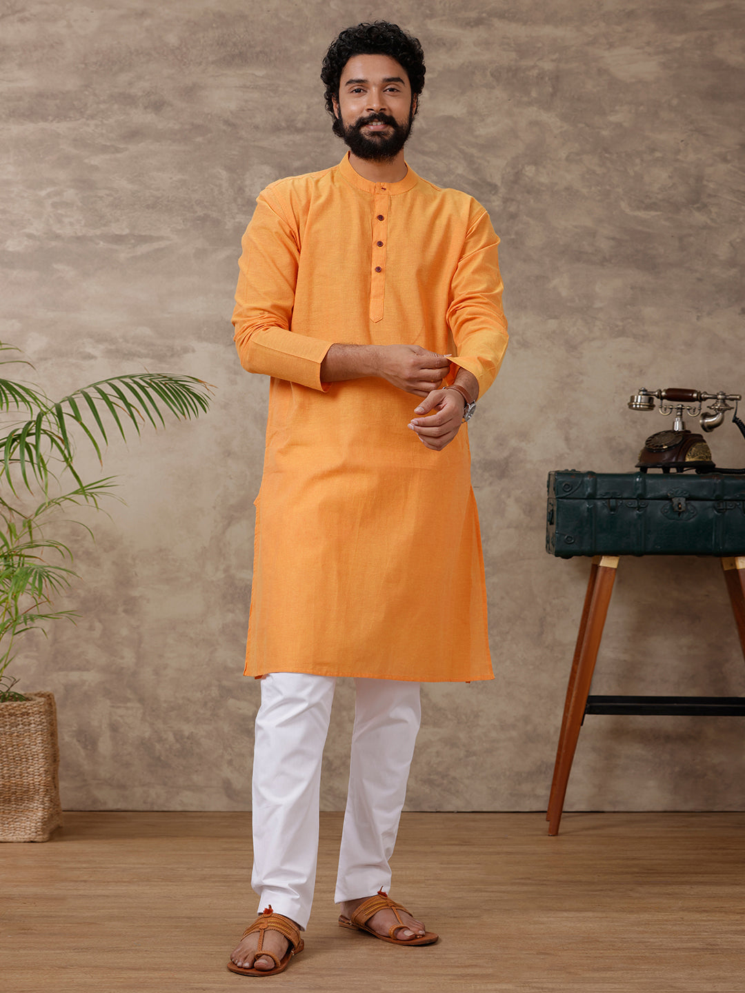 Men Full Length Pocket Kurta Orange Y13