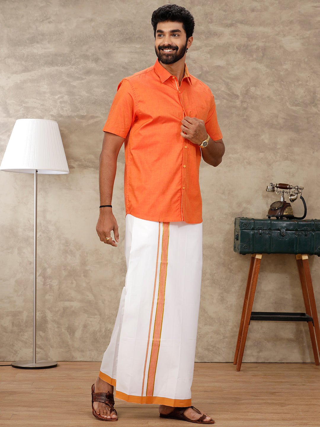 Mens Cotton Matching Border Dhoti & Half Sleeves Shirt Orange Set GL1