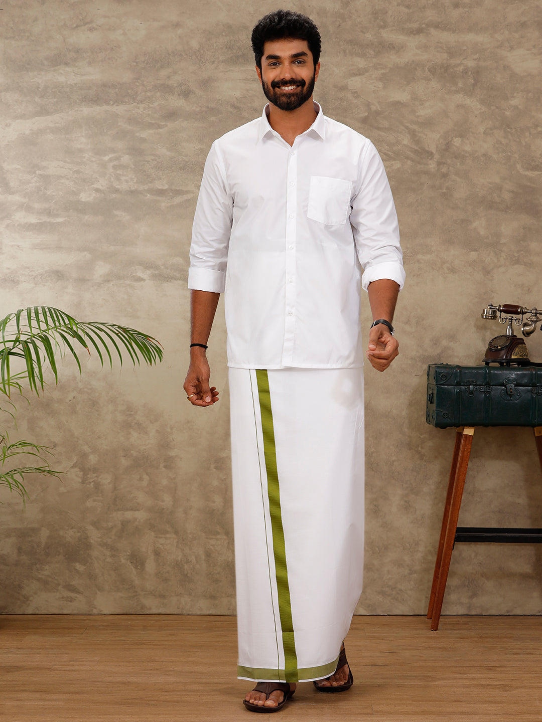 Men Green Border Double Dhoti Anchor Special