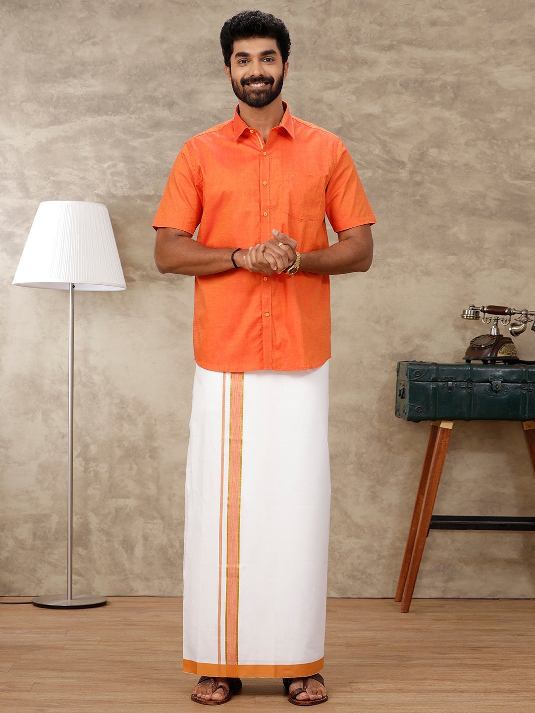 Mens Cotton Matching Border Dhoti & Half Sleeves Shirt Orange Set GL1