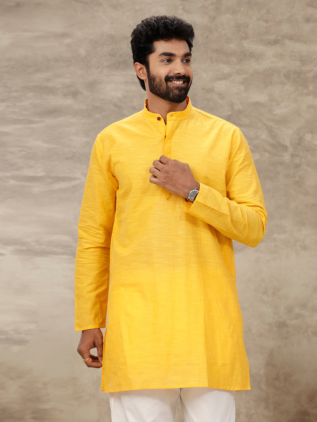 Mens Medium Length Pocket Kurta Orangy Yellow Y15