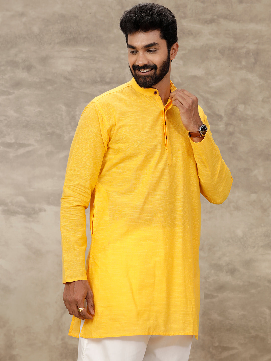 Mens Medium Length Pocket Kurta Orangy Yellow Y15