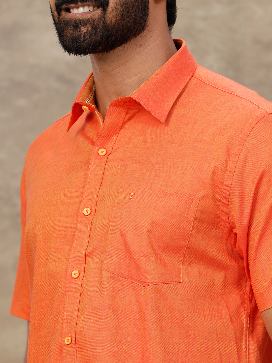 Mens Cotton Matching Border Dhoti & Half Sleeves Shirt Orange Set GL1