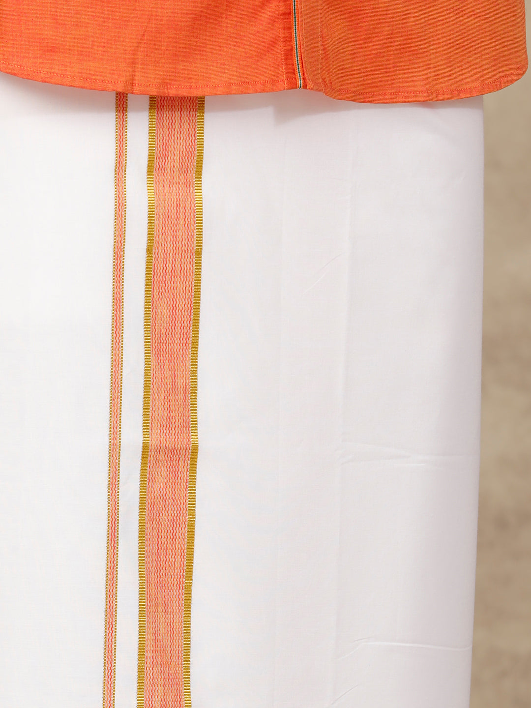 Mens Cotton Matching Border Dhoti & Half Sleeves Shirt Orange Set GL1