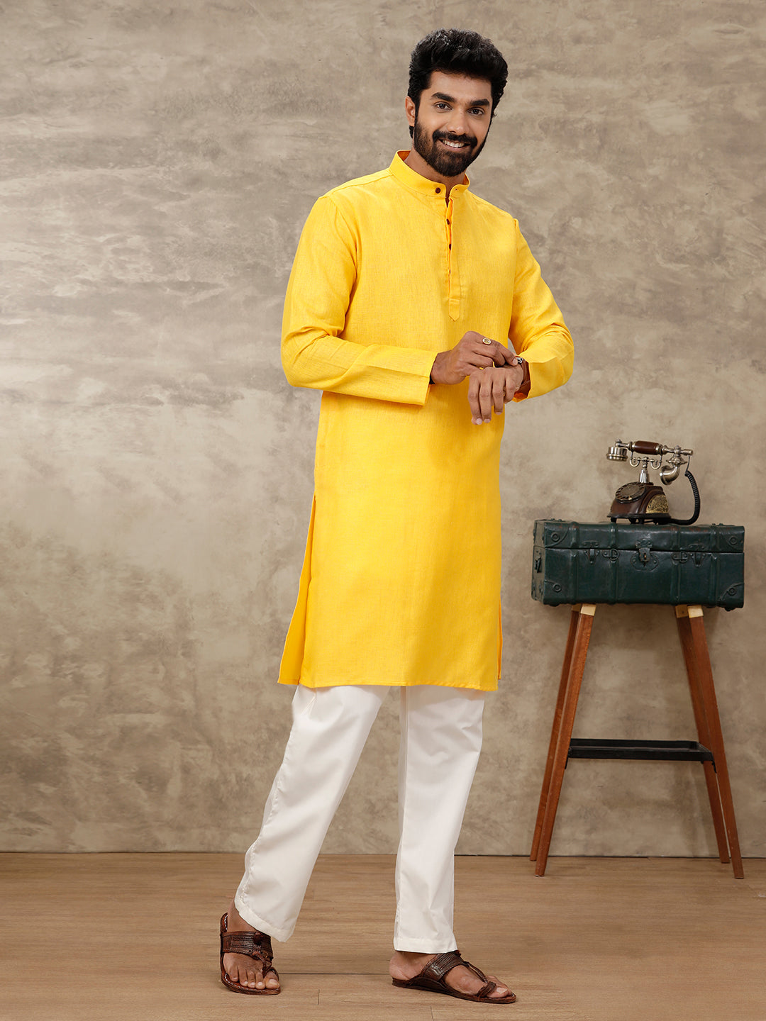 Men Full Length Pocket Kurta Orangy Yellow Y17