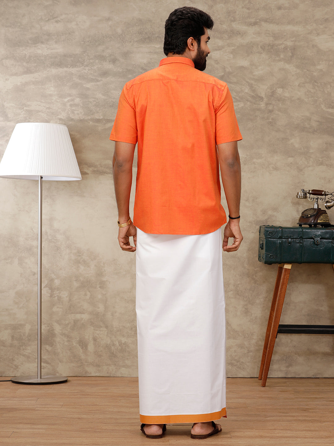 Mens Cotton Matching Border Dhoti & Half Sleeves Shirt Orange Set GL1