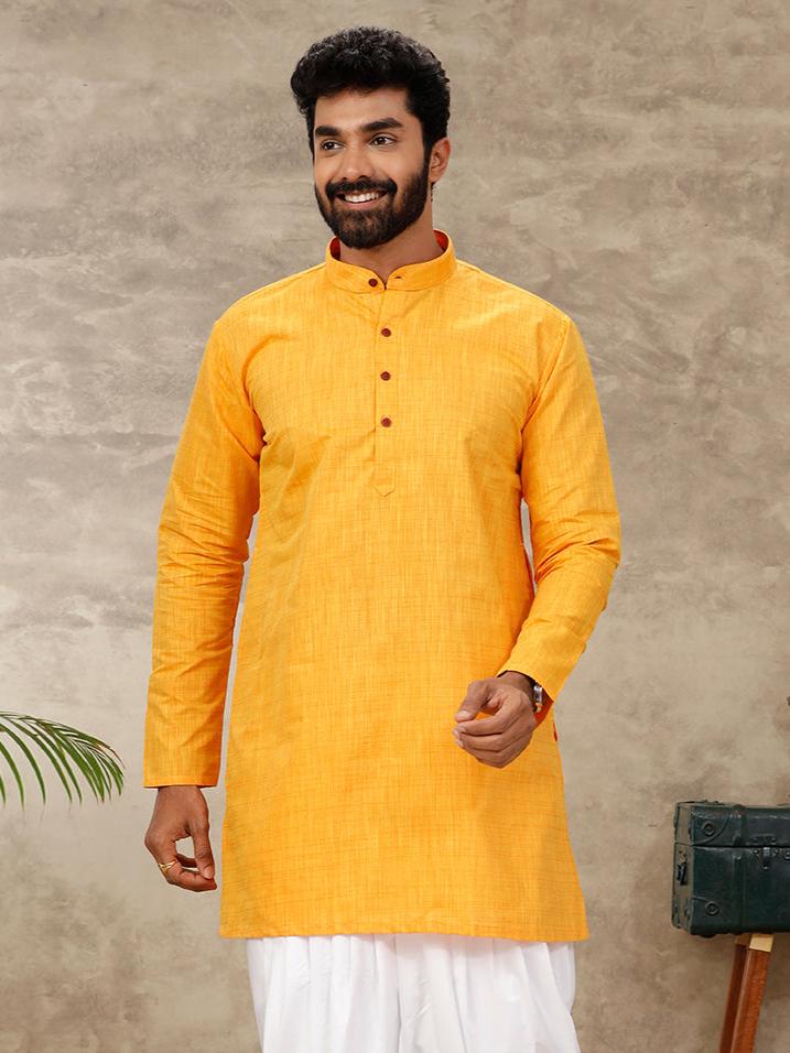 Mens Cotton Full Sleeves Yellow Medium Length Pocket Kurta FS1