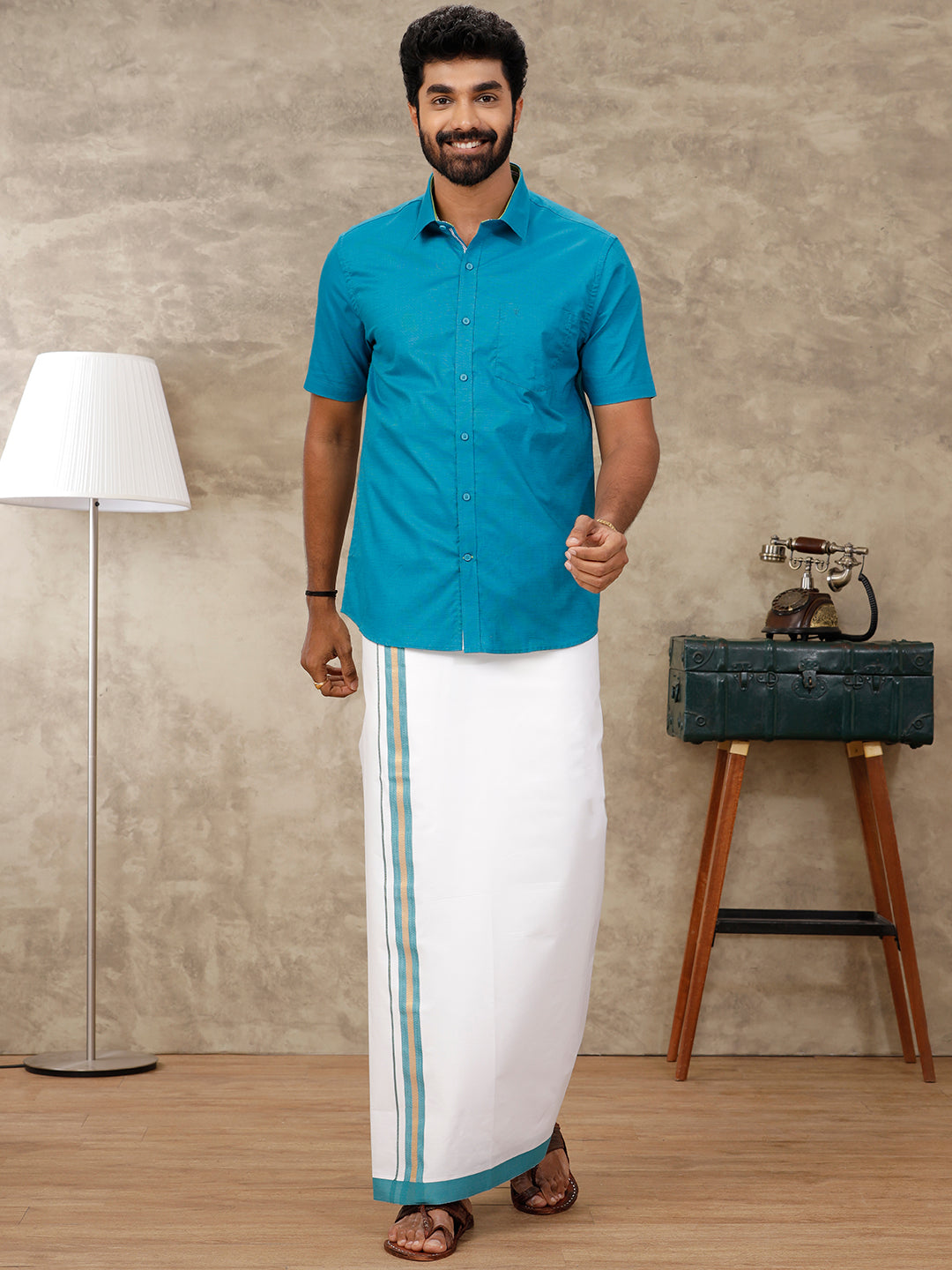 Men Matching Border Dhoti & Half Sleeves Shirt Blue Set GL15