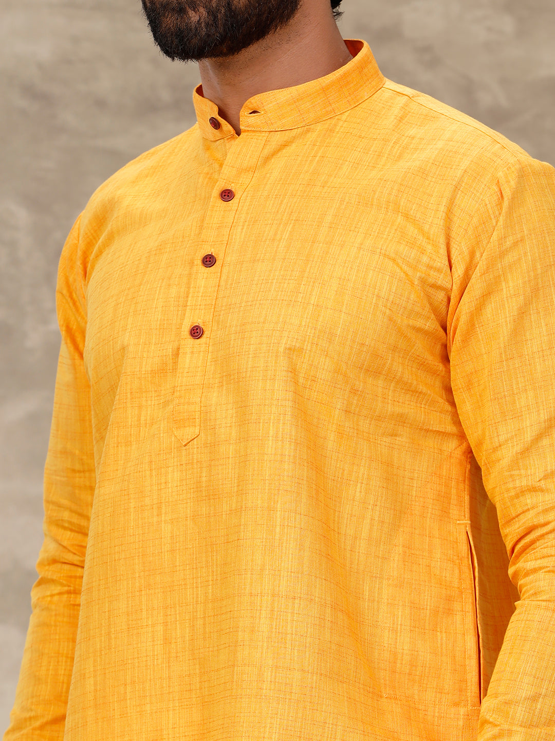 Men Cotton Full Sleeves Yellow Medium Length Pocket Kurta FS1