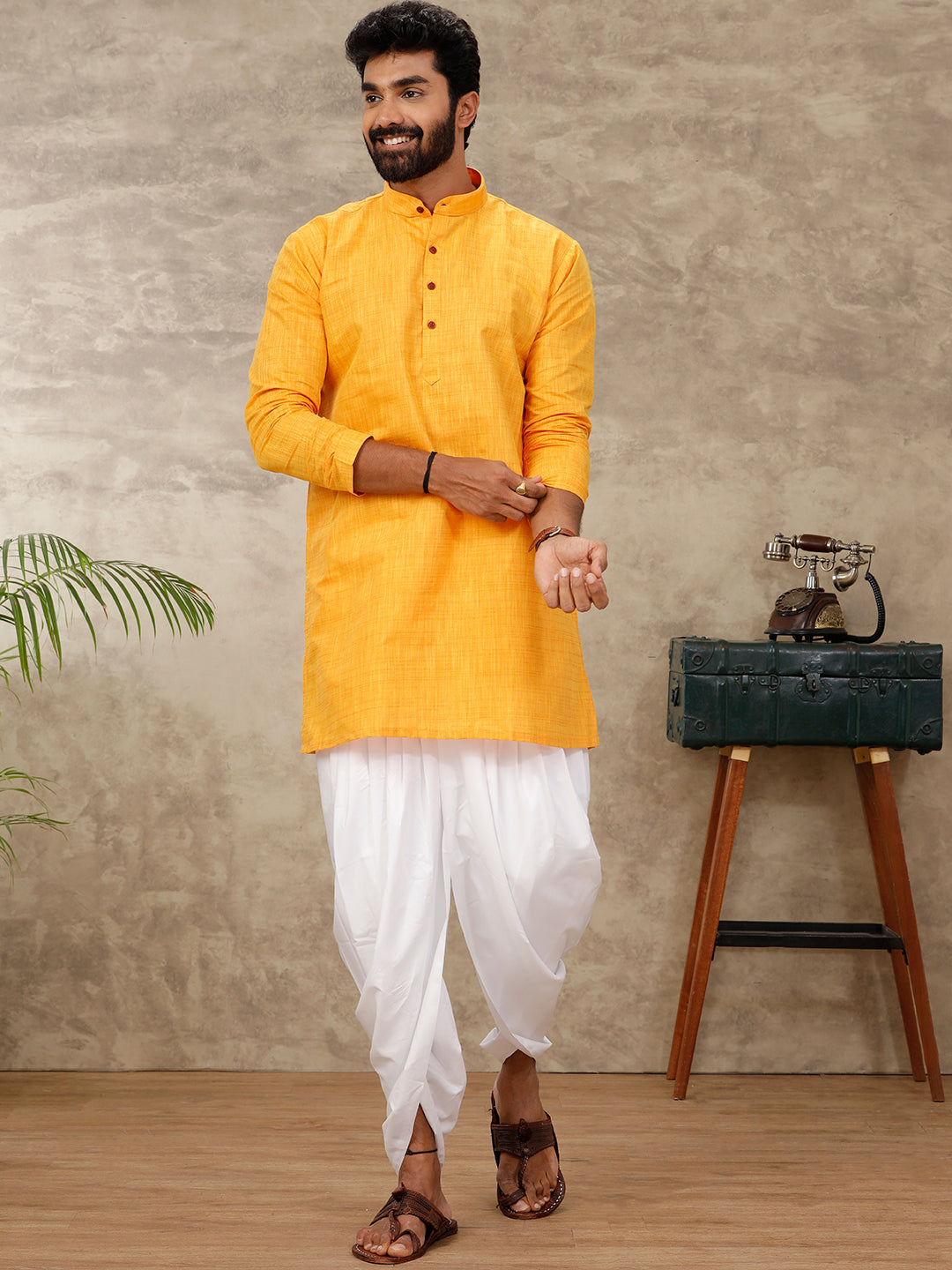 Mens Cotton Full Sleeves Yellow Medium Length Pocket Kurta FS1