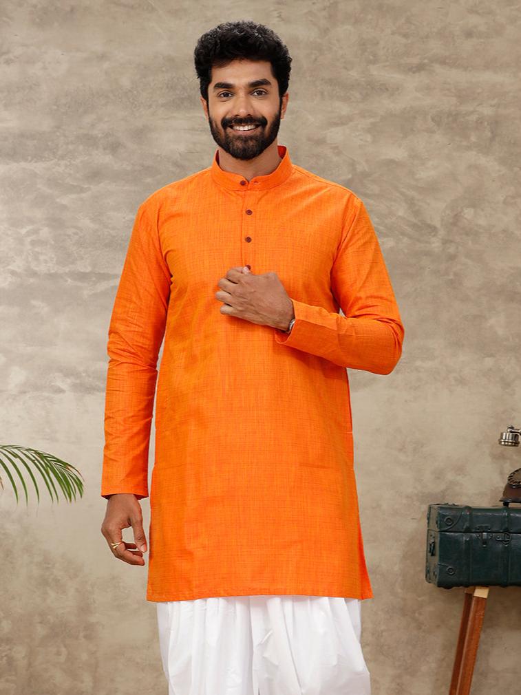 Men Cotton Full Sleeves Orange Medium Length Pocket Kurta FS3