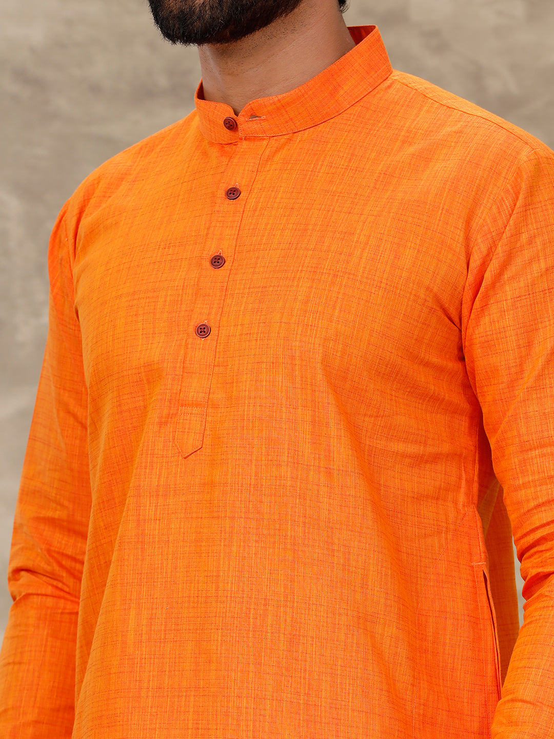 Men Cotton Full Sleeves Orange Medium Length Pocket Kurta FS3