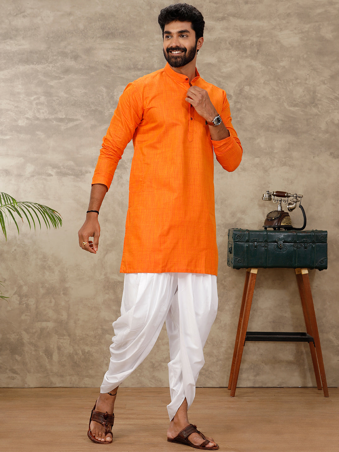 Mens Cotton Full Sleeves Orange Medium Length Pocket Kurta FS3