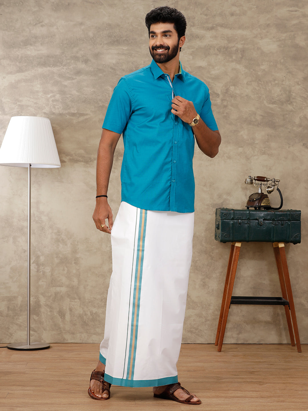 Mens Cotton Matching Border Dhoti & Half Sleeves Shirt Blue Set GL15