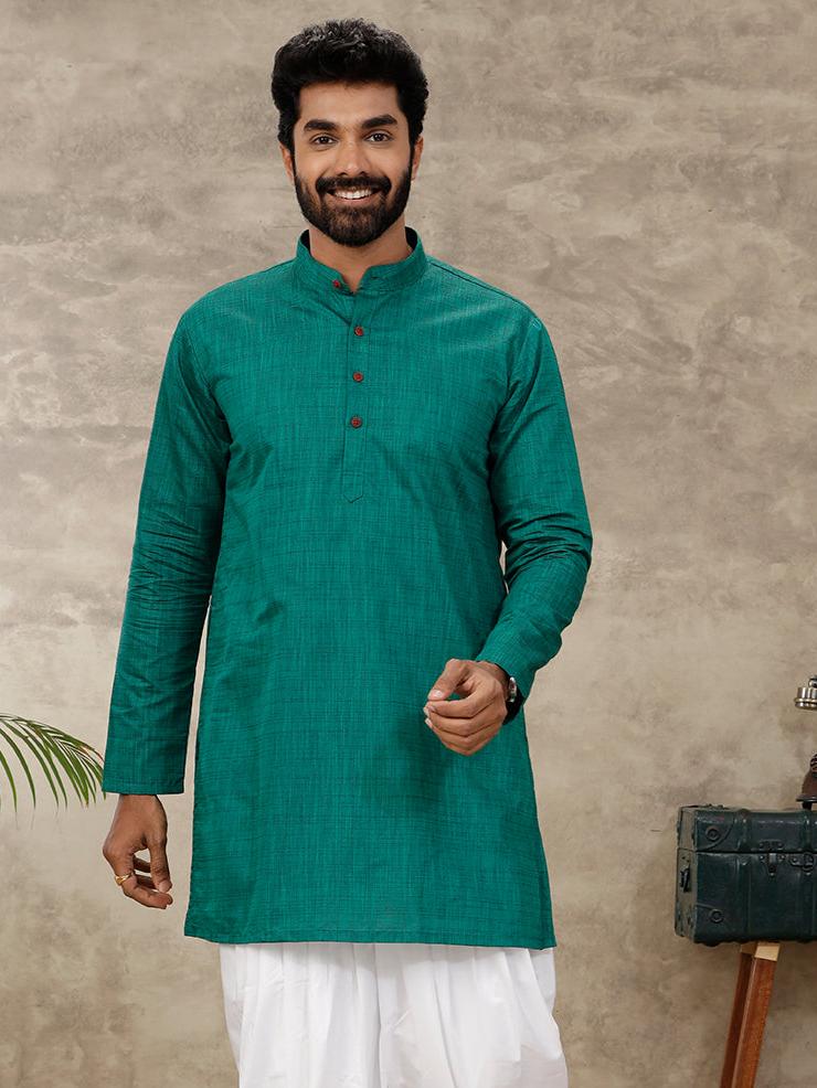 Mens Cotton Full Sleeves Dark Green Medium Length Pocket Kurta FS5