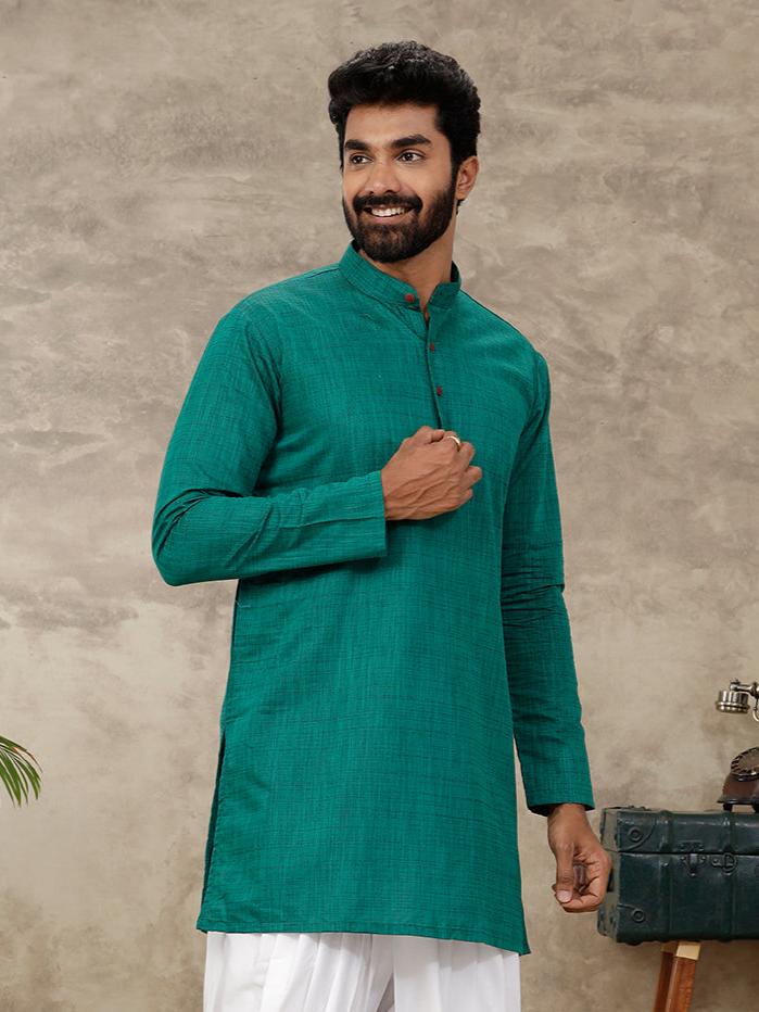 Mens Cotton Full Sleeves Dark Green Medium Length Pocket Kurta FS5