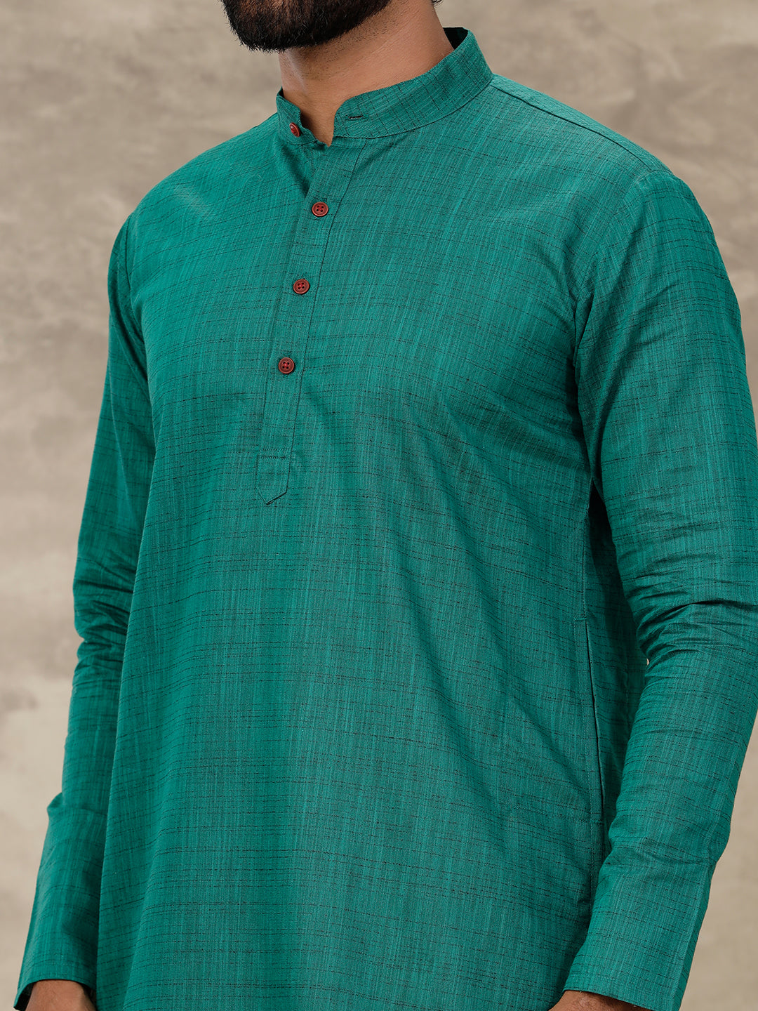 Men Cotton Full Sleeves Dark Green Medium Length Pocket Kurta FS5