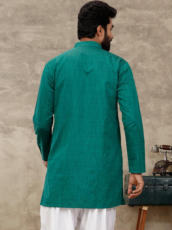 Men Cotton Full Sleeves Dark Green Medium Length Pocket Kurta FS5