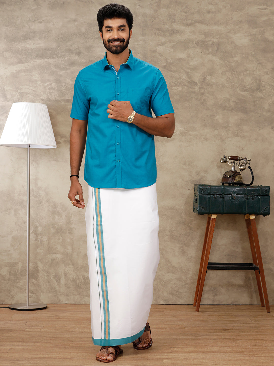 Mens Cotton Matching Border Dhoti & Half Sleeves Shirt Blue Set GL15