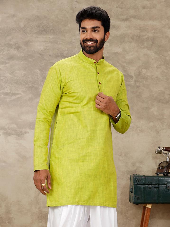 Mens Cotton Full Sleeves Parrot Green Medium Length Pocket Kurta FS2