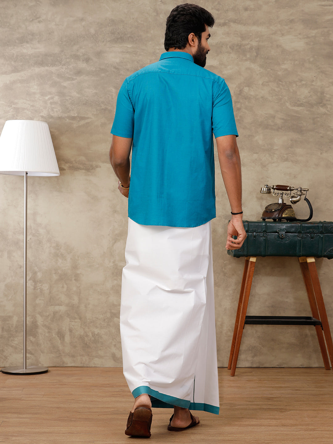 Men Matching Border Dhoti & Half Sleeves Shirt Blue Set GL15