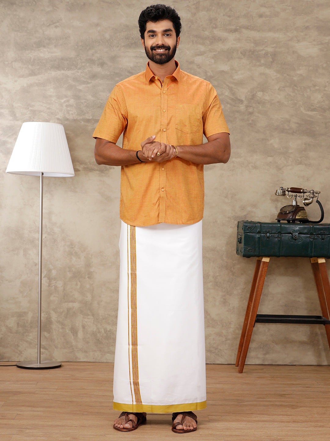 Men Matching Border Dhoti & Half Sleeves Shirt Golden Set GL7