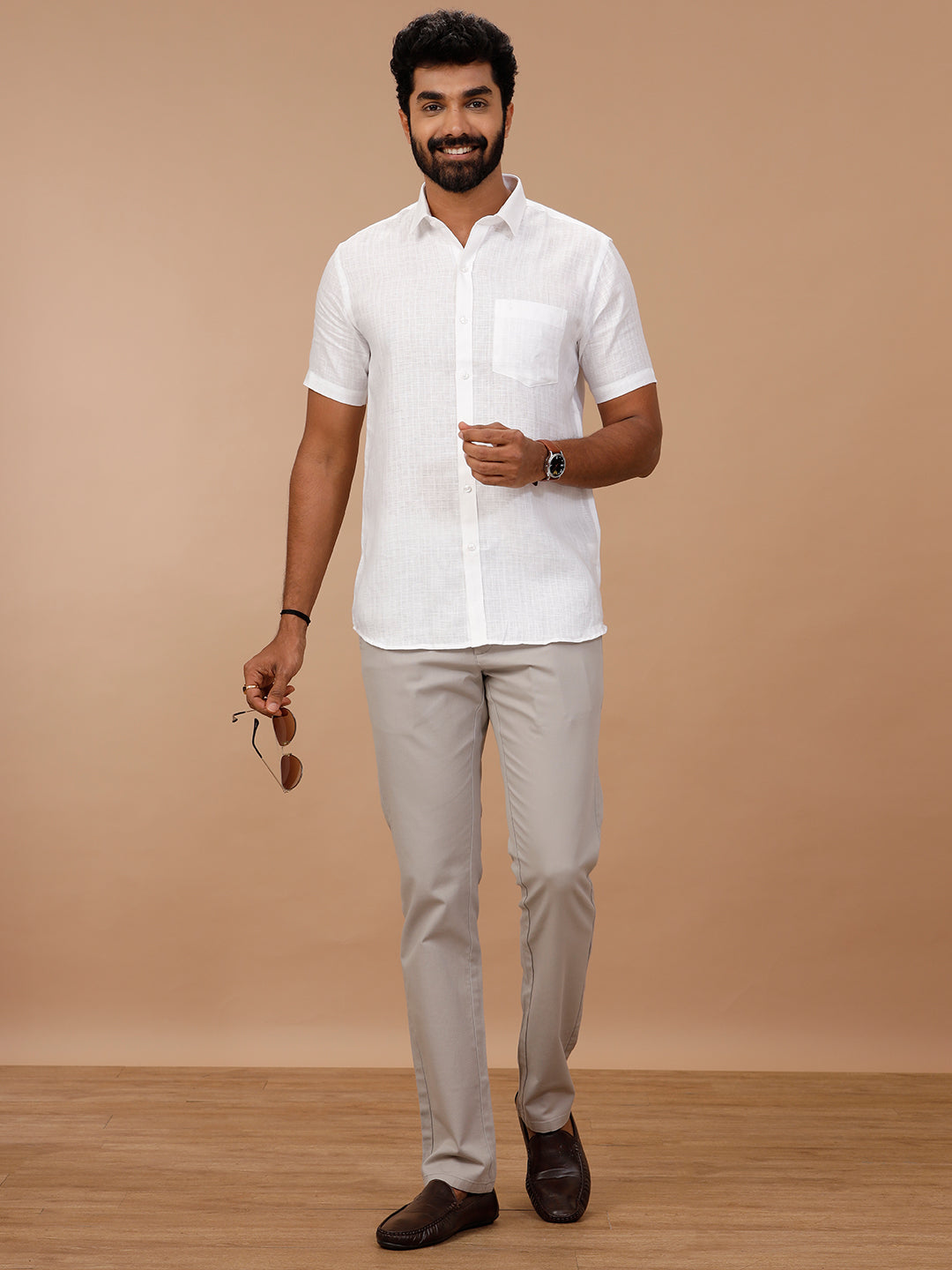 Men 100% Pure Linen Self Design White Shirt 1544JF