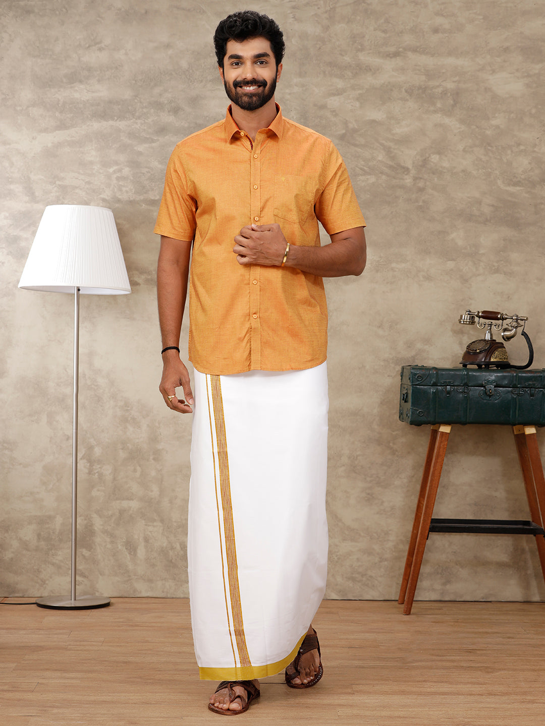 Men Matching Border Dhoti & Half Sleeves Shirt Golden Set GL7