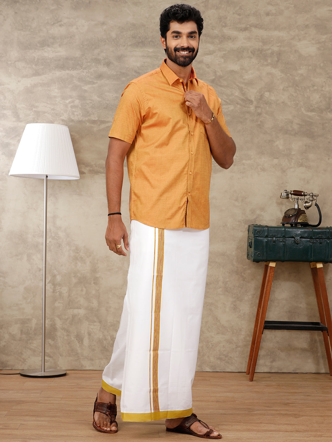 Men Matching Border Dhoti & Half Sleeves Shirt Golden Set GL7