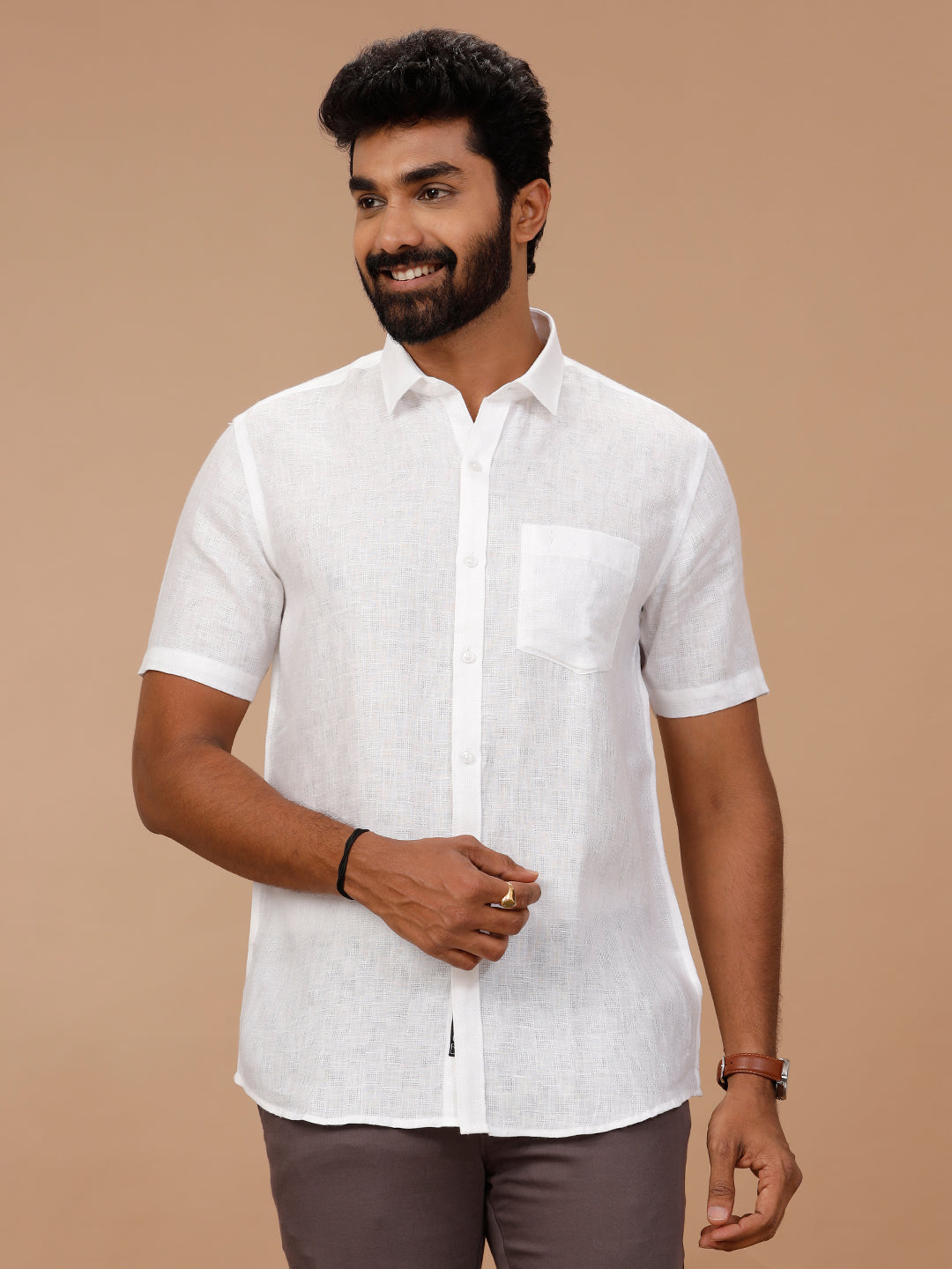 Men Pure Linen Self Design Shirt White 1532JF