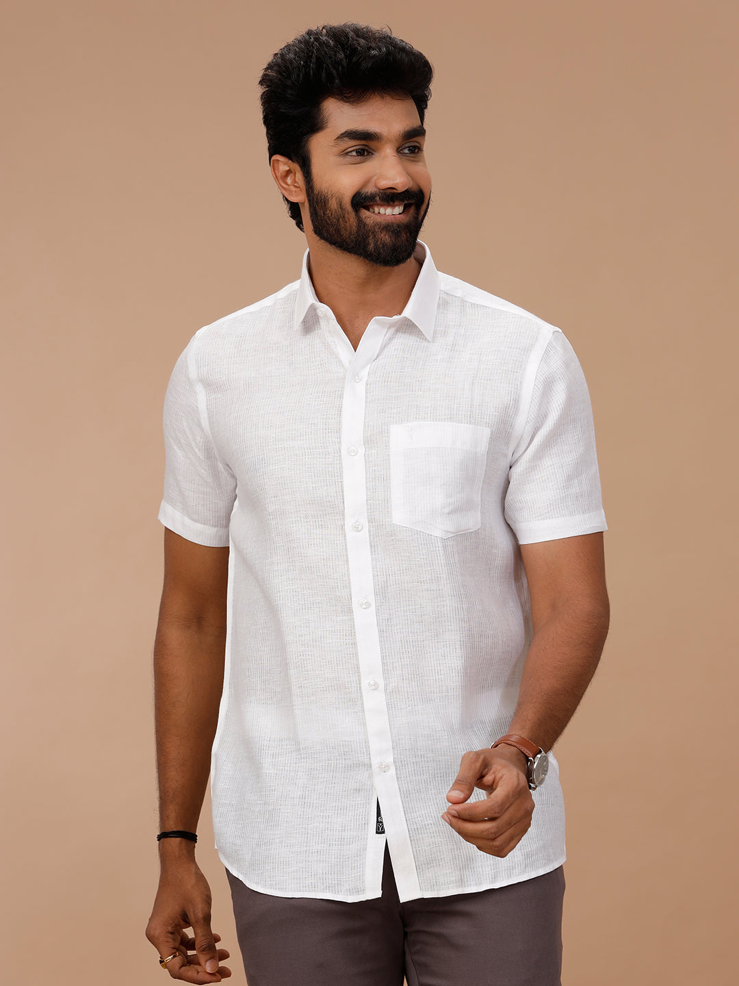 Men Pure Linen Self Design White Shirt 1538JF