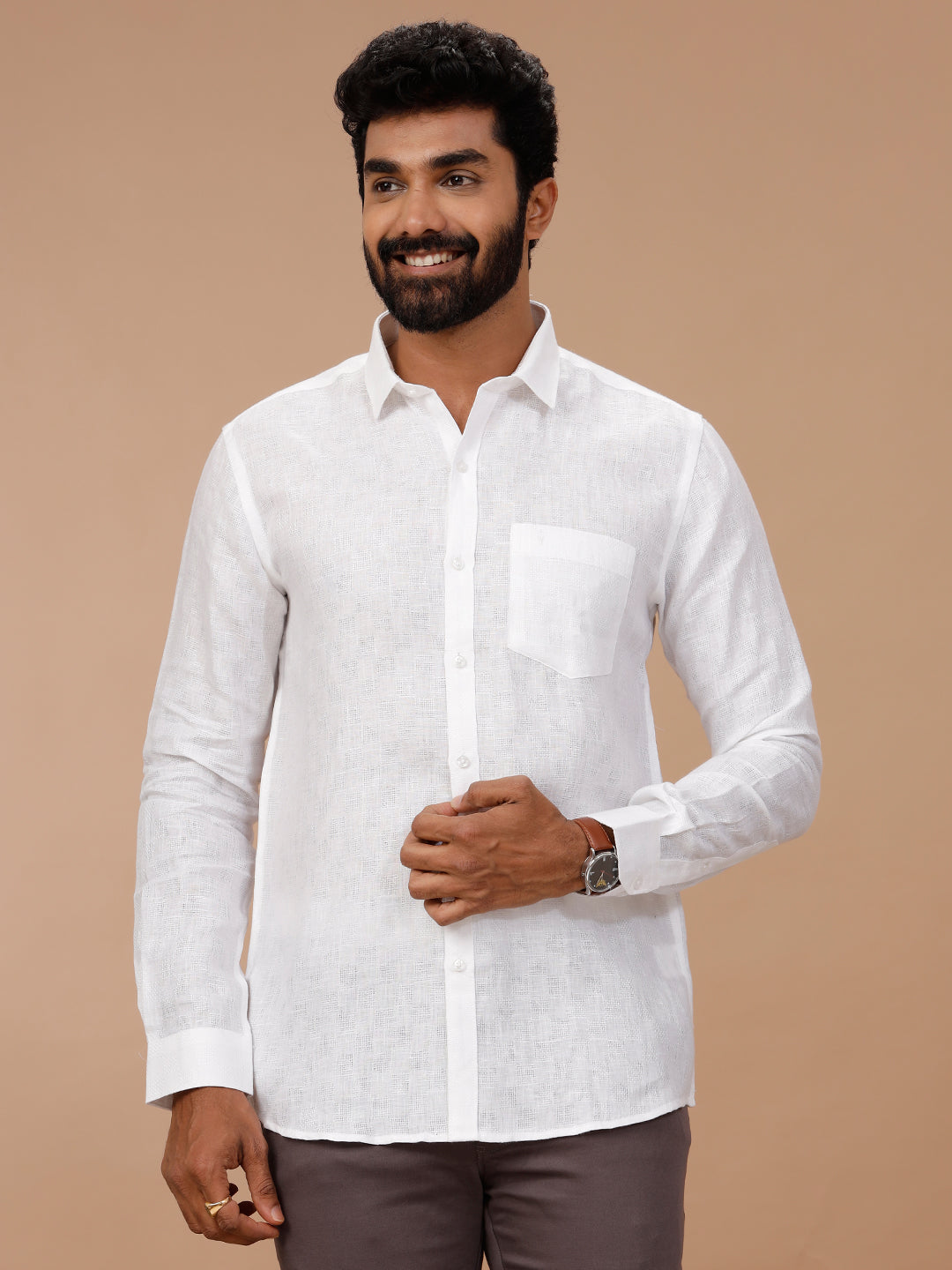 Men Pure Linen Self Design Shirt White 1532JF