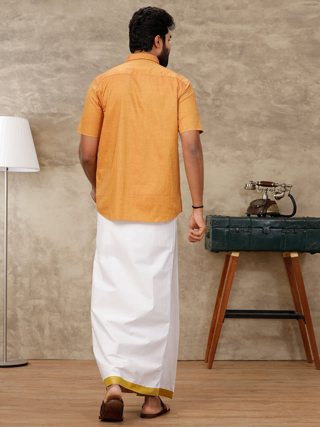 Mens Cotton Matching Border Dhoti & Half Sleeves Shirt Golden Set GL7