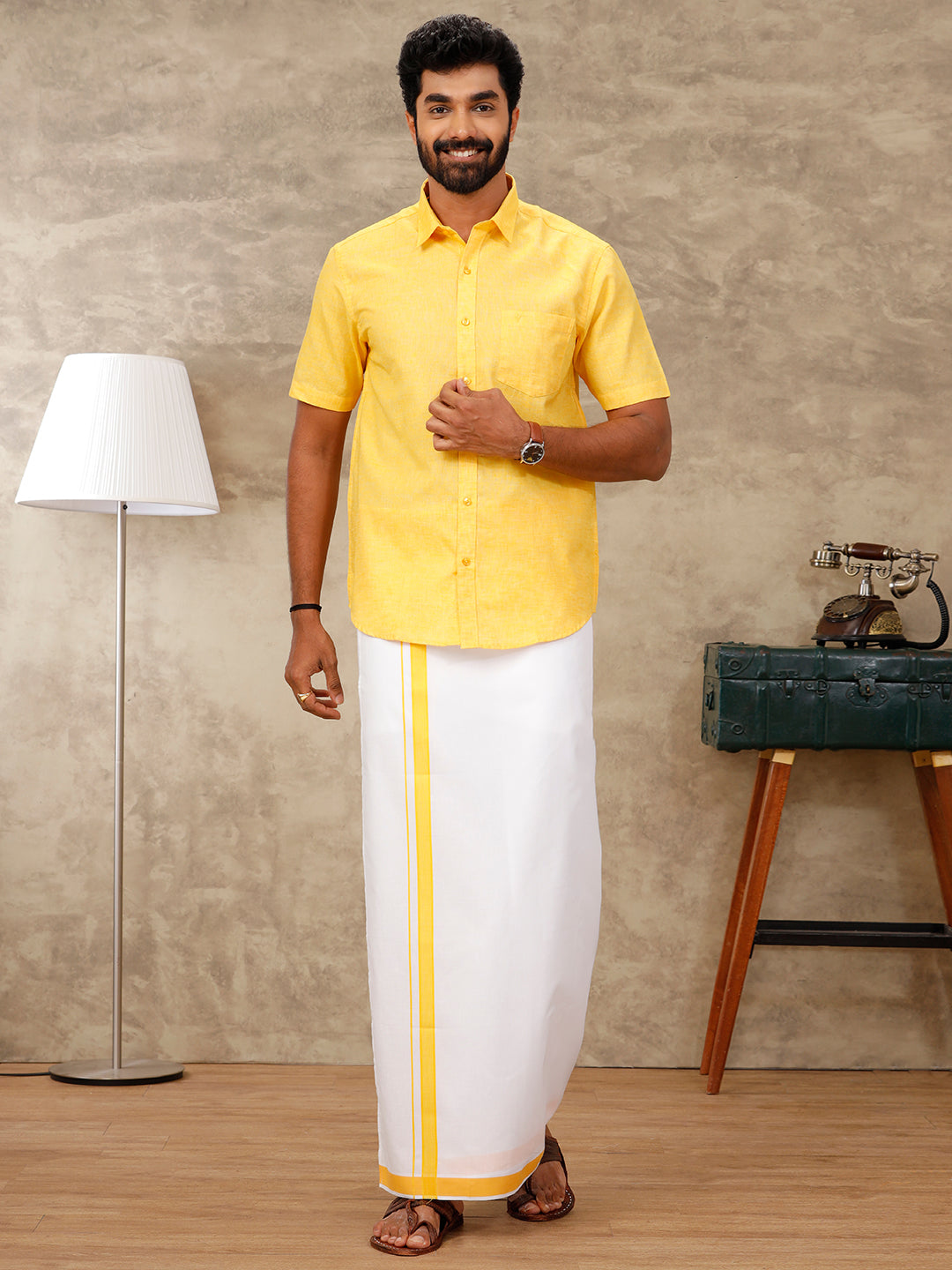 Mens Matching Dhoti & Half Sleeves Shirt Set Lite Yellow CC3