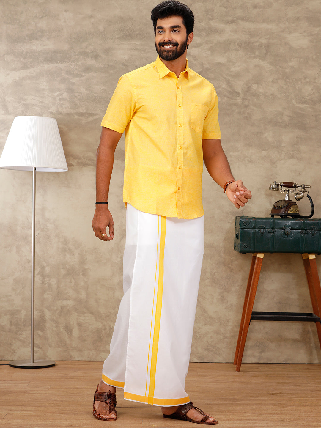 Mens Matching Dhoti & Half Sleeves Shirt Set Lite Yellow CC3