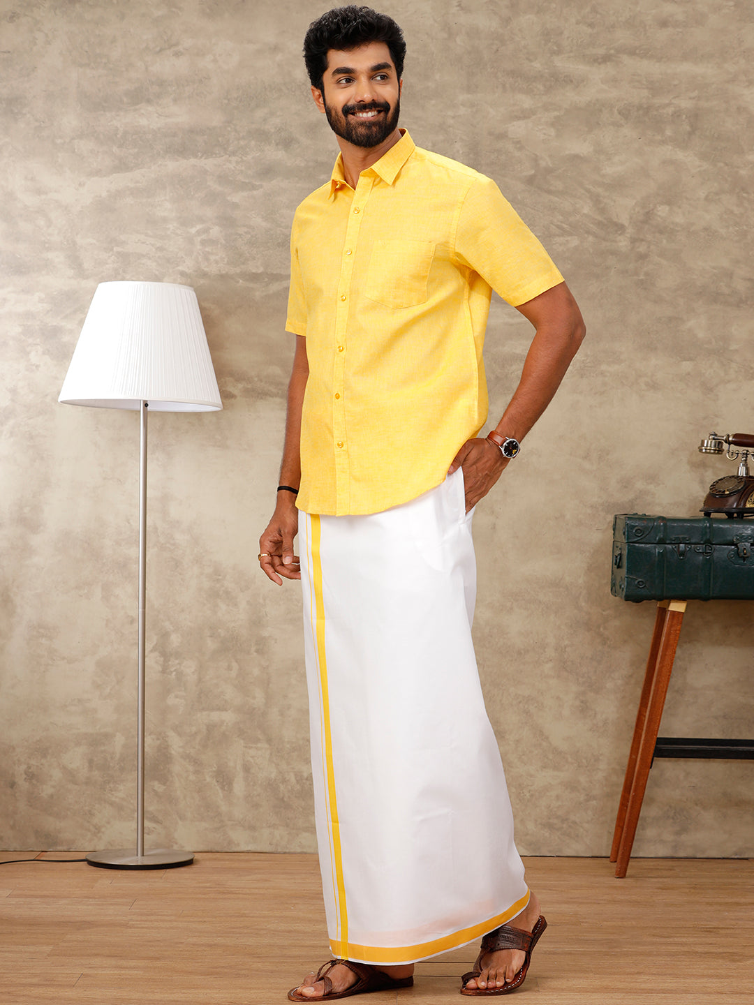 Mens Matching Dhoti & Half Sleeves Shirt Set Lite Yellow CC3