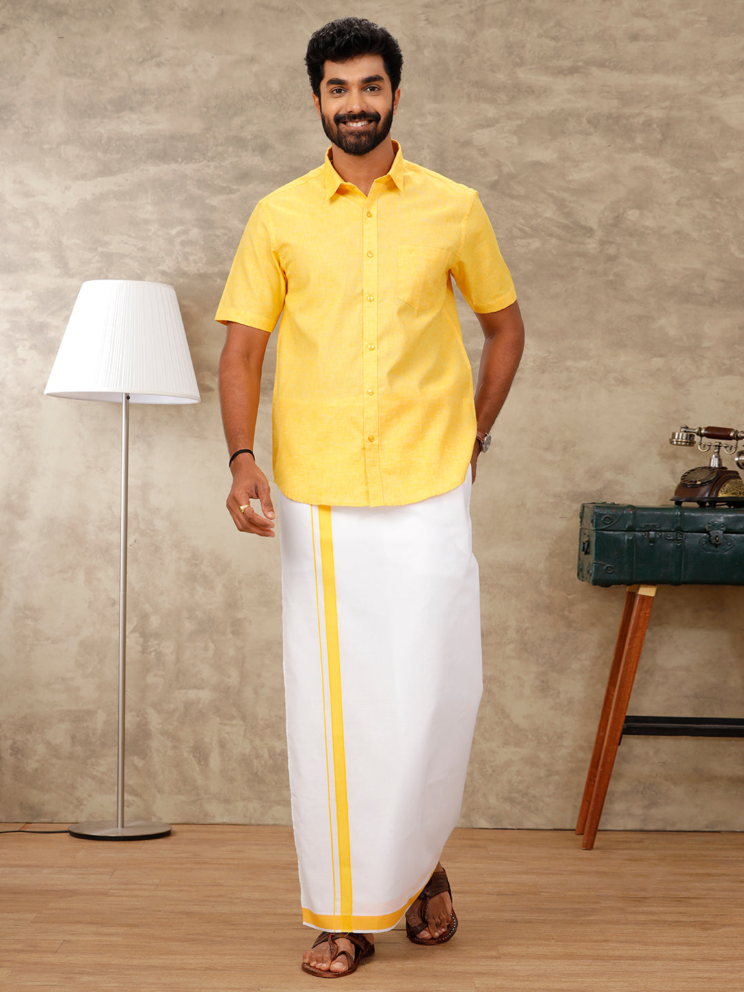 Mens Matching Dhoti & Half Sleeves Shirt Set Lite Yellow CC3