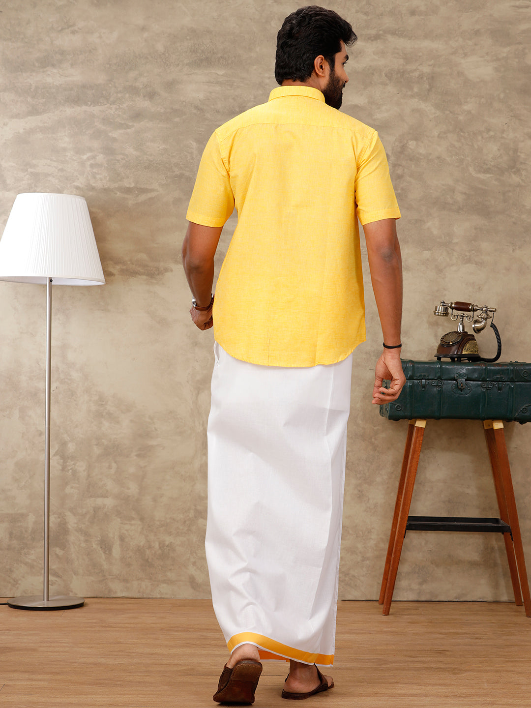 Mens Matching Dhoti & Half Sleeves Shirt Set Lite Yellow CC3