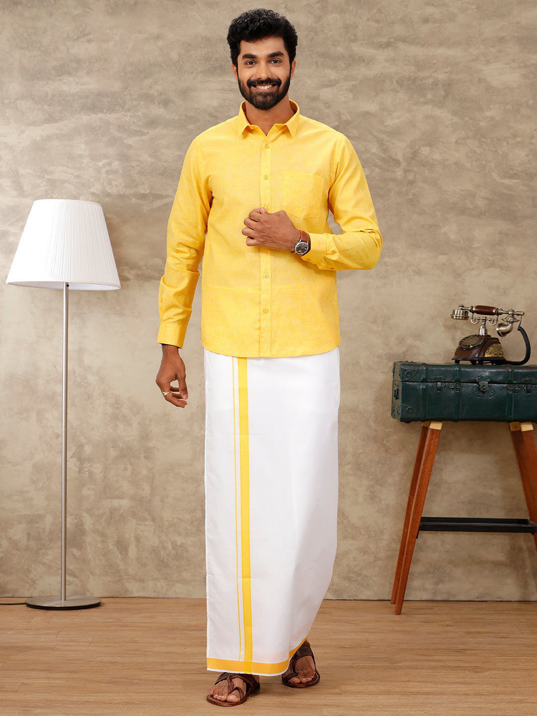 Mens Vetti Vaaram Matching Border Dhoti & Shirt Combo Yellow