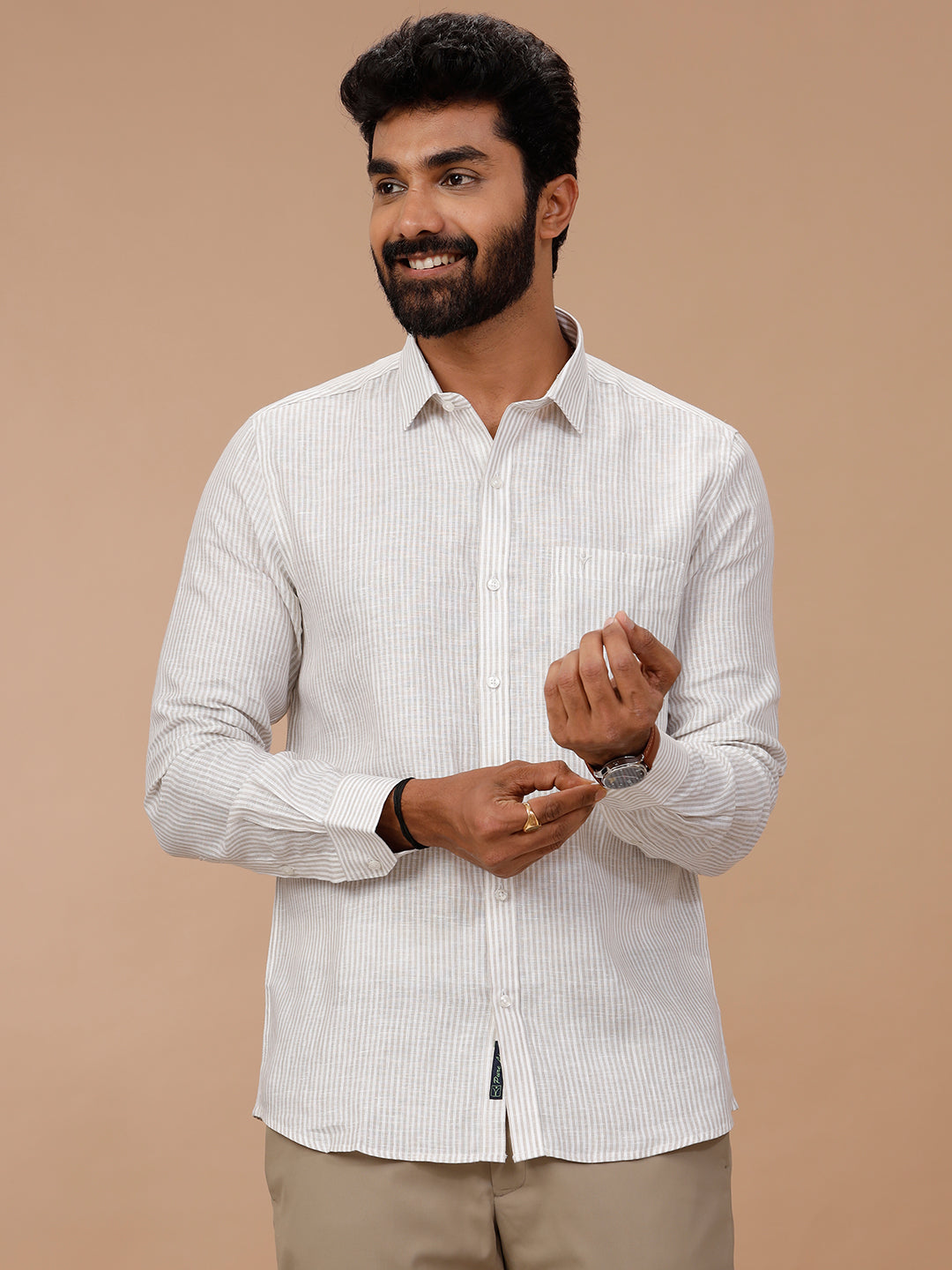 Men Pure Linen White Shirt with Olive Green Stripes LS87