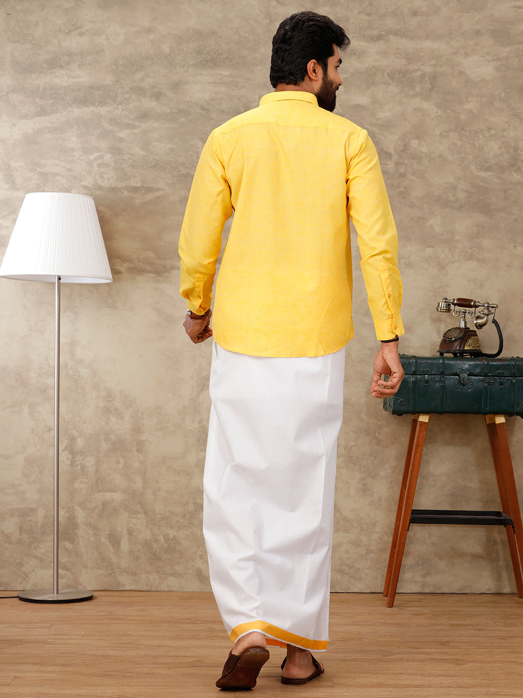 Mens Vetti Vaaram Matching Border Dhoti & Shirt Combo Yellow