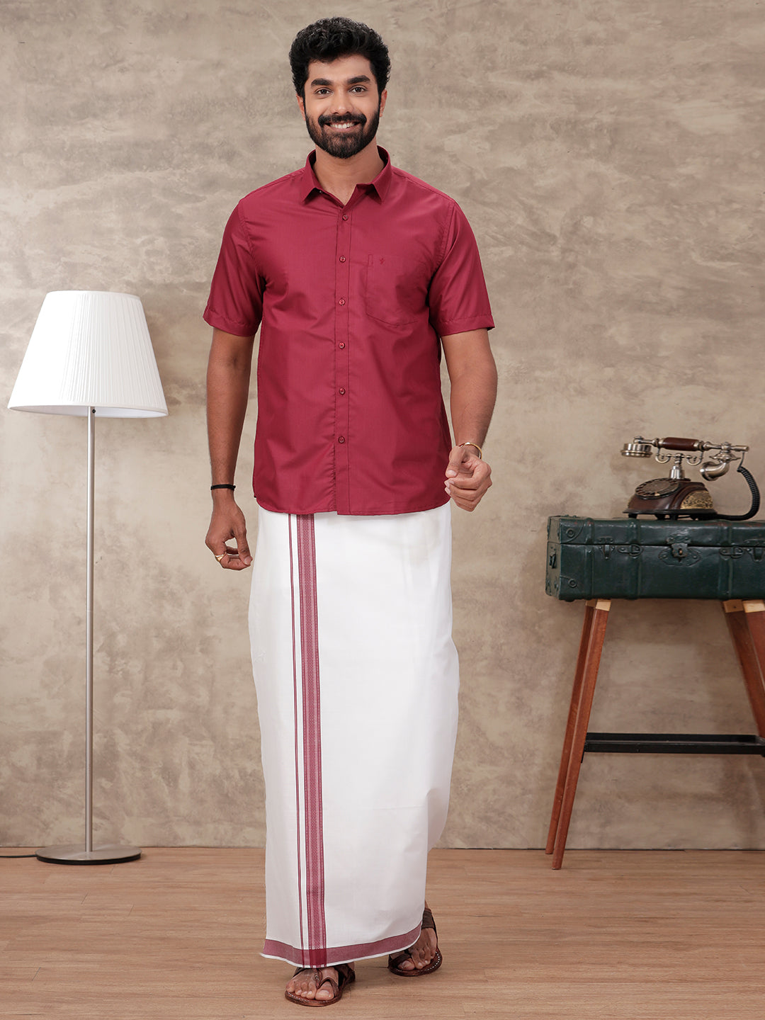 Men Maroon Matching Border Dhoti & Half Sleeves Shirt Set BB5