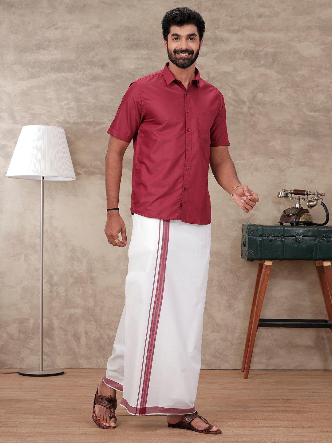 Men Maroon Matching Border Dhoti & Half Sleeves Shirt Set BB5