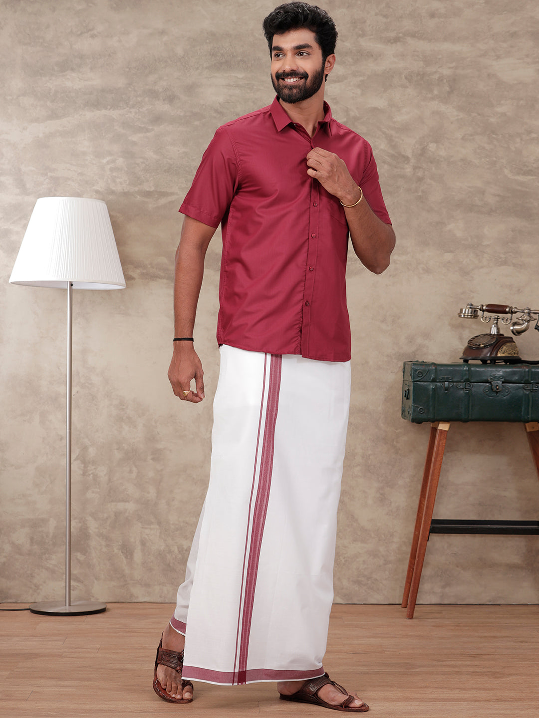 Men Maroon Matching Border Dhoti & Half Sleeves Shirt Set BB5