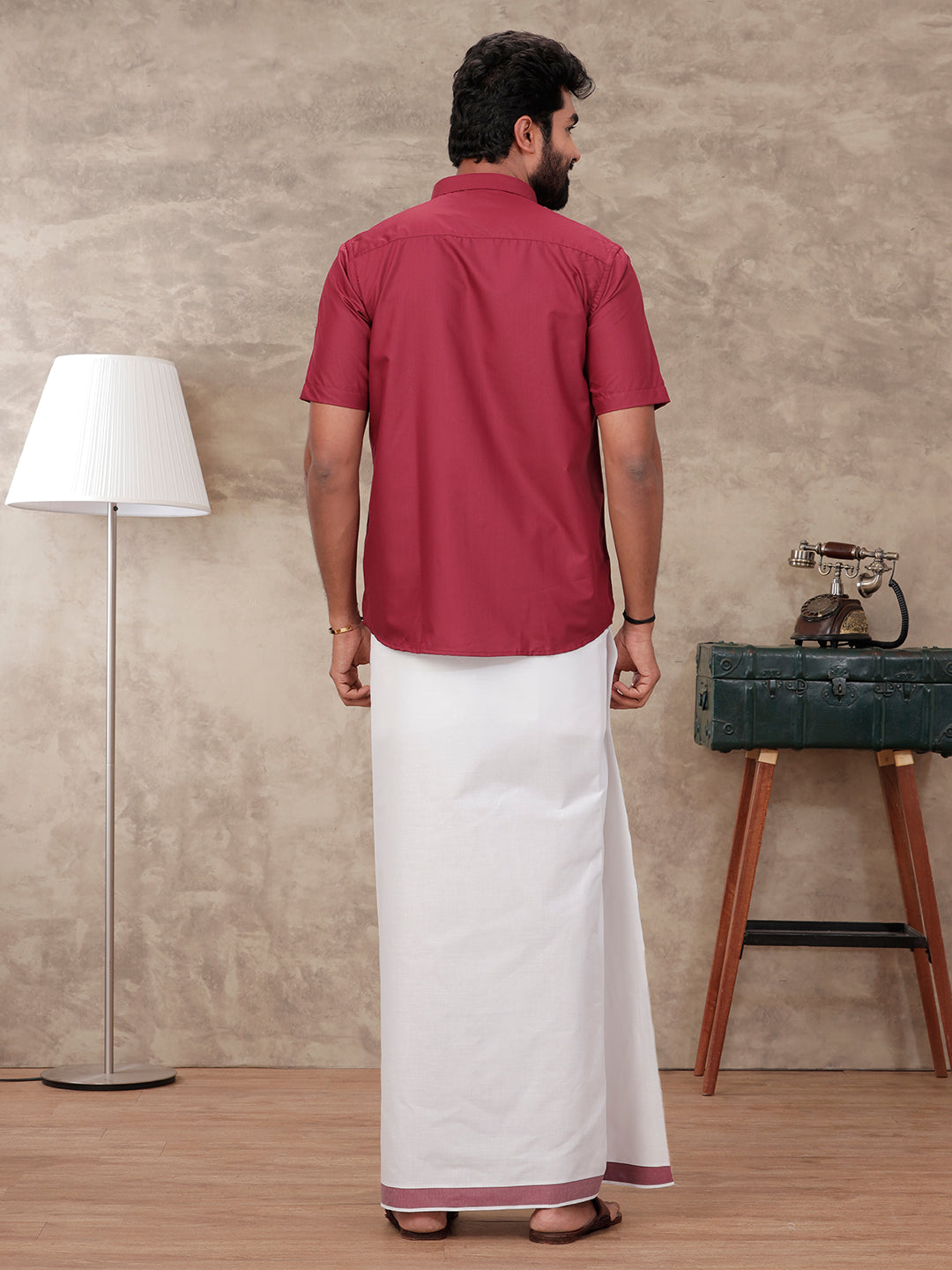 Mens Maroon Matching Border Dhoti & Full Sleeves Shirt Set BB5